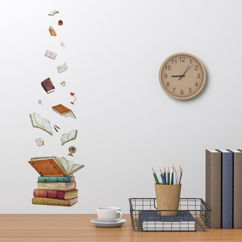 SUPERDANT Livre Magique Stickers Muraux avec Livre Volant Sac d'école Outils de découpe Autocollant Mural pour Chambre Murale Règle Globe Decoration Salon Autocollants Décoratifs Ouverture de L'école