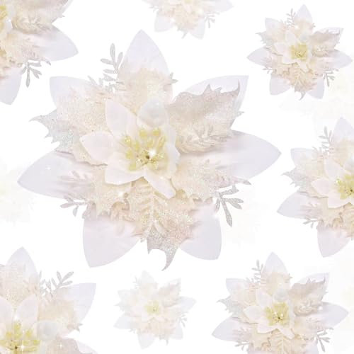 YSUVIN Fiori di Natale Decorare, 10 Pcs Bianco Albero di Natale Decorazioni Glitter, Artificiali con 10 Pcs Clip per Matrimonio Festa Capodanno (14cm)