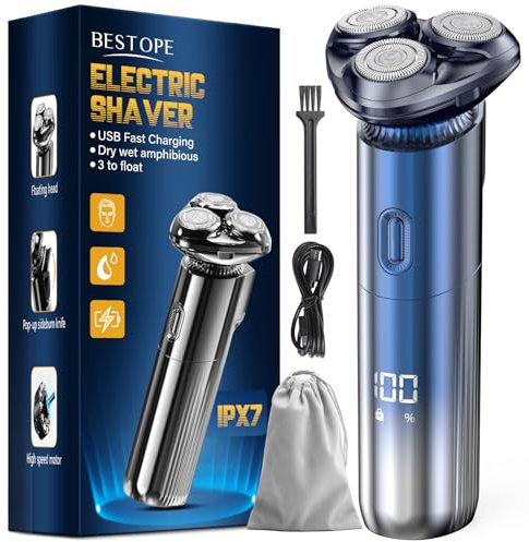 Elektrisch Rasierer Herren Elektrorasierer Rasierapparat - Rasierer Herren Elektrisch 3D Trockenrasierer mit Magnet Scherköpfe IPX7 mit Reiseverriegelung Nass- und Trockenrasierer Blau