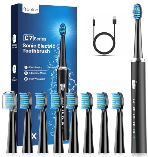 Spazzolini da Denti Elettrici Sonici con 8 Testine – Spazzolino da Denti Elettrico per Adulti e Bambini, 5 Modalità, IPX7, Una Ricarica per 120 Giorni di Utilizzo, Spazzolino da Denti Nero Opaco