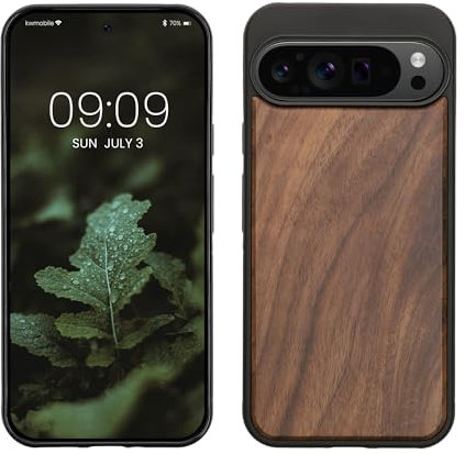 kwmobile Real Wood Case Compatible with Google Pixel 9 Pro XL Case - Hard Wooden Cover w/TPU Bumper - Dark Brown walnut