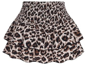 GORGLITTER Jupe courte pour femme, jupe léopard, jupe multicouches avec volants, jupe de fête taille haute, jupe décontractée, marron, Large