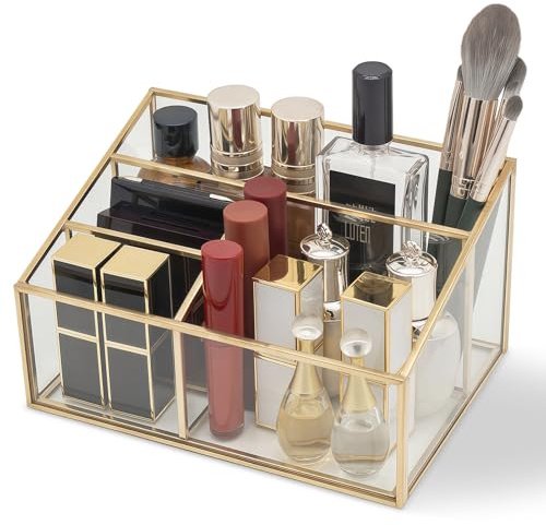 AIMIAO Organizador de maquillaje y cosméticos, organizador de tocador dorado, soporte para brochas de maquillaje, estuche de sombras de ojos con 4 compartimentos, organizador de maquillaje