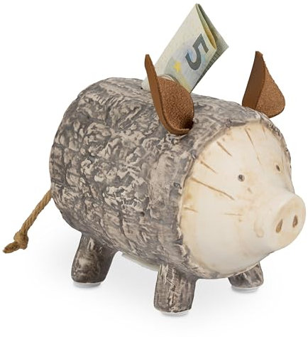 Relaxdays Sparschwein Baumrinde, mit Öffnung, Dolomit, Spardose Kinder & Erwachsene, HxBxT: 13 x 9 x 16,5 cm, braun/weiß