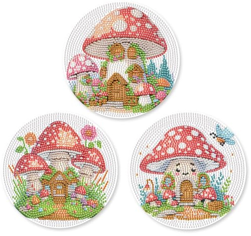 SHEGZHUC 3 Pack Diamond Painting Tableware Mat Place Mat Mushroom House Fairy House 15 cm Diamond Painting Placemats Pot Coaster with Non-Slip Plate Mat Table Decoration Place Mats for Bowls Pans Pans