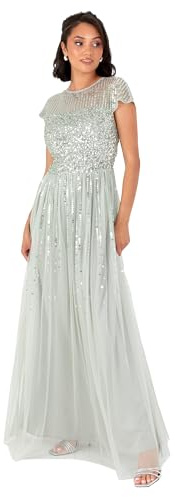 Maya Deluxe kvinnors maxiklänning dam rund hals sheer Cap sleeping paljett Embellished tyll A-line evening Occasion bal Ball Gown, salviagrön 40, Grön lilja, 40