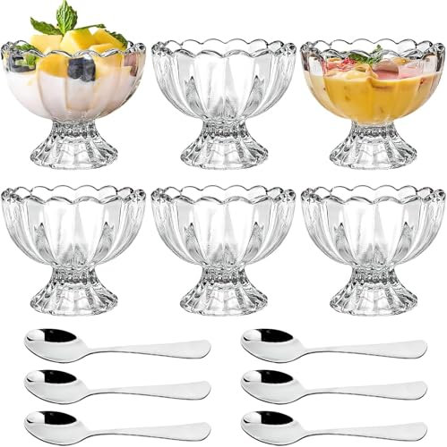 LYCN Eisbecher Glas Set, 6pcs Dessertschalen Dessertgläser mit Fuß Eiscreme Schalen 150ml Kleinschale klare Snackbecher für Obstsalat Milchshakes Pudding