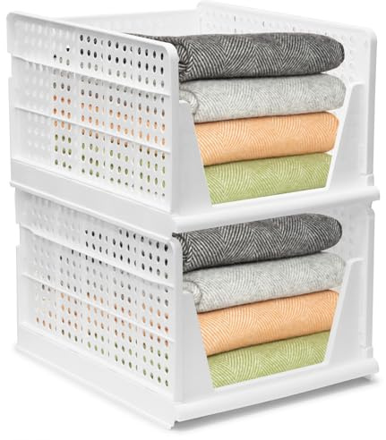 BOODPET Organizador de almacenamiento para armario, 2 cestas apilables grandes, 43 x 33,5 x 25 cm, contenedores de almacenamiento de plástico para armario, hogar, oficina, lavandería, ropa, juguetes