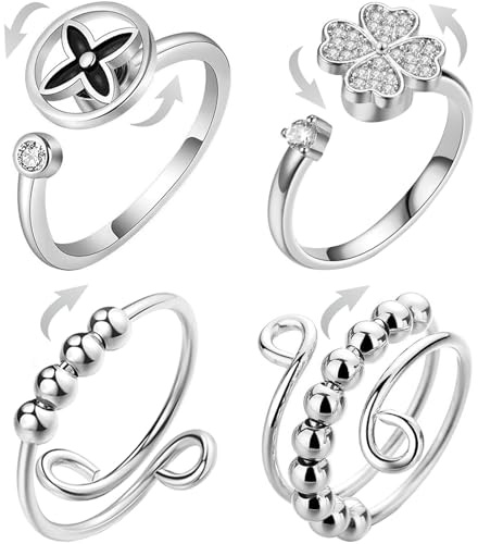 Lot de 4 bagues anti-stress réglables pour soulager le stress - Bague rotative en zircon - Perles relaxantes pour la gestion de l'anxiété - Cadeau pour homme et femme