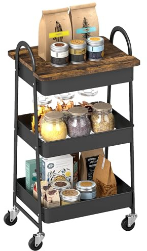 HOMCOM 3-Tier Storage Trolley with Covered Top Board, Rolling Utility Cart, Mobile Storage Cart on Wheels with Mesh Baskets for Kitchen, Living Room, Dining Room, Bedroom, Bathroom, Rustic Brown/Black