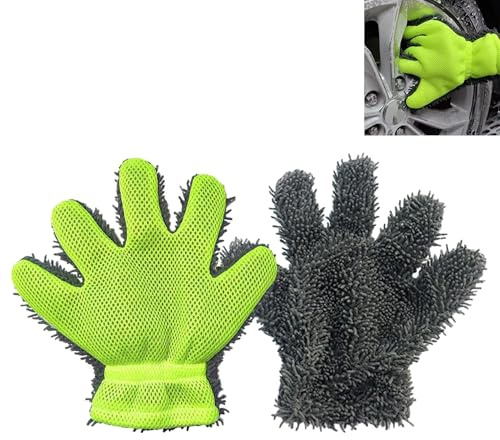 Smaoqingji Waschhandschuh Auto Putzhandschuhe Mikrofaser Handschuh - 2 Stück, Fluoreszierend Grün, 5 Finger Waschhandschuhung, Geeignet für die Reinigung von Autos, Fahrrädern, Motorrädern usw
