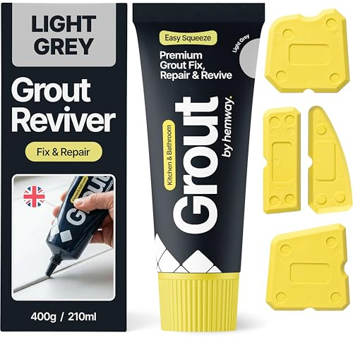 Hemway Light Grey Grout Reviver Kit | Ready Mixed Grout Repair 400g / 210ml with 4 Piece Profiling Tool Kit | Wall & Floor Tile Adhesive, Kitchen Bathroom Shower, Fast Drying