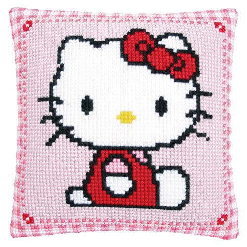 Vervaco Korsstygnskudde Hello Kitty korsstygnspaket förtryckt, stramin, vit, 40 x 40 x 0,3 cm