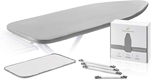 Lengenstein® Bügelbrettbezug mit Komfortpolsterung 120x40 Bügeltischbezug für Dampfbügeleisen inklusive Spannclips und Bügelschutztuch (grau)