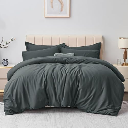 Aisbo Double Duvet Cover Set Dark Grey, Brushed Microfiber Bedding Set | 3Pcs Bedding Double Bed Set Grey Duvet Cover with 2 Pillowcases 50x75cm, Soft Brushed Microfiber Quilt Cover, OEKO-TEX