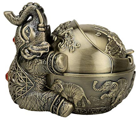 LAUYOO Vintage Decorative Windproof Ashtray with Lid for Cigarettes Metal Portable Cigarette Ashtray Odor Indoor Outdoor Hand Carved Fancy Gift ornament for Men Women (Bronze Elephant)