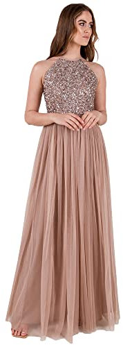 Maya Deluxe Damen Brautjungfer Maxikleid Neckholder Pailletten verziert Abschlussball Abschlussfeier Hochzeit, Taupe Blush, 44 EU (16 UK)