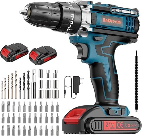 21V Max Power Drill Impact Driver Combi Drill Kit with 2 * 2000mAh Li-Ion Battery, 45 Nm Electric Screwdriver, 25+3 Torque, 57 Piece Accessory Set