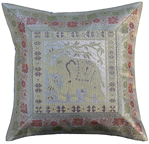 Indisk elefant mandala silke kuddfodral sari brokad boho heminredning kudde – örngott 40 x 40 cm dragkedja banarsi | etnisk – handgjord – lapptäcke | (silvergrå)