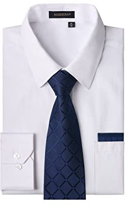 HISDERN Herren Hemd Weiß Langarm Einfarbige Hemden mit Krawatte und Taschentuch Formelle Businesshemd Hochzeit Freizeithemd mit Tasche Regular Fit L