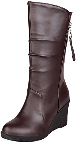 Lroey Reoly Botas Mujer Tacón de Cuña A Media Pantorrilla, Botas de Invierno Casual Sin Cordones Zapatos Largas Tacón Alto Punta Rojoonda con Plataforma Botas de Invierno 288 Marrón-Hm Talla 32 EU
