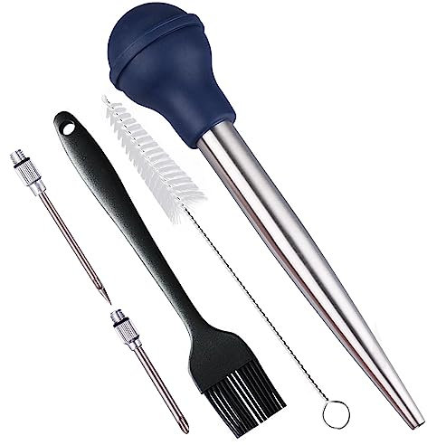 SPUVGVC Baster per tacchino, siringa per cucinare, in acciaio inox con lampadina in silicone, con spazzola per la pulizia, spazzola per barbecue e aghi per marinata, per cottura a casa e cucina, blu