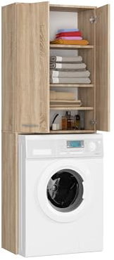 BDW - Waschmaschinenschrank, Regal, Hochschrank - Badezimmermöbel, Mehrzweckschrank - 2 Türen - Aufbewahrungsschrank, Hochschrank 180 cm - Waschraum, Waschküche - Eiche Sonoma