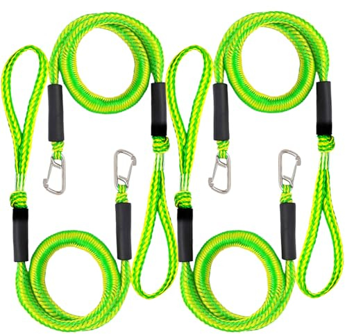 Bungee Boat Dock Line med klämma i rostfritt stål, fästlina, bungee rep, PWC dockline båttillbehör, perfekt för jetski, båtar, kajak, ponton, kanot, Wave Runner 4-pack. (Grön II)