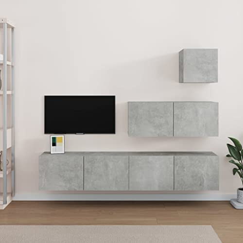 CKioict Armoire de salon buffet TV 4 pièces Ensemble meuble TV en bois gris béton Convient pour chambre à coucher, salon, bureau