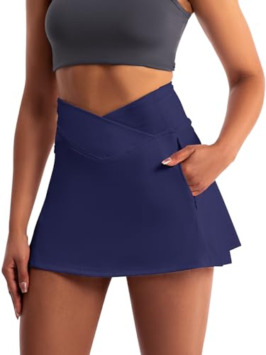 Damen Activewear Hosenrock Crossover Athletischer Rock Skorts hohe Tailliert Tennisrock mit 4 Taschen und Hose Drunter Dehnbarer Sporfalck Golf-Rock für Wanderungen Radfahren, azul marino, M