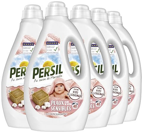 PERSIL - Lessive Liquide Hypoallergénique, pour peaux sensibles - Parfum Fleur de Coton - lot de 5x40 Lavages
