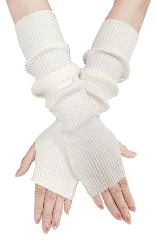 EQLEF Arm Warmers Women, Gants à Doigts et à Mains Chaud Mitainesà Demi-Doigt Long Gant Noir Sans Doigt Femme pour Hivernage (Blanc, 40 * 6.5cm)