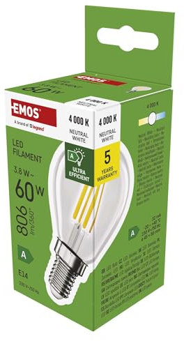 EMOS LED Lampe Edison Mini Globe, 3,8W Ersatz für 60W Glühbirne, A Klasse Vintage-Birne E14 Sockel, Helligkeit 806 lm, Neutralweiß 4000 K, Lebensdauer 50000h, CRI min. 80, 360° Abstrahlwinkel