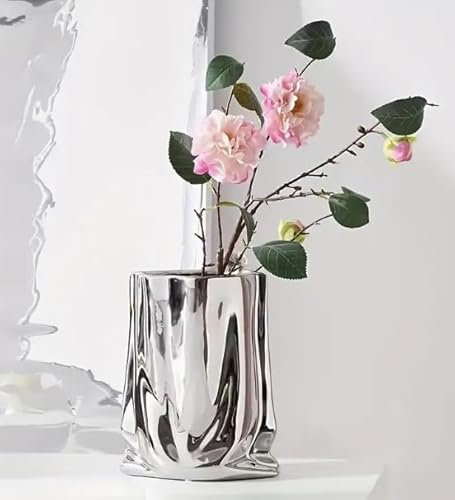 Vase en céramique chromée liquide – Design de sac en papier froissé, vase décoratif moderne pour arrangements floraux, fleurs artificielles ou fraîches, plantes hydroponiques – Décoration de maison,