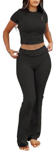 IWOLLENCE Loungewear Sets for Women UK Two Piece Outfit Short Sleeve Crop Top and High Elastic Waist Wide Leg Trousers Co Ord Set (Black, L)