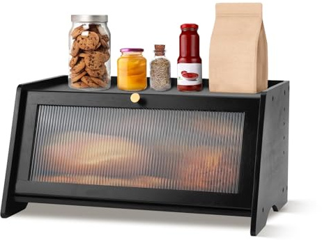 Boîte à pain en bambou pour comptoir de cuisine, grande capacité, style ferme, avec fenêtre transparente, support à pain vintage pour bagels, muffins, cupcakes et biscuits,Noire