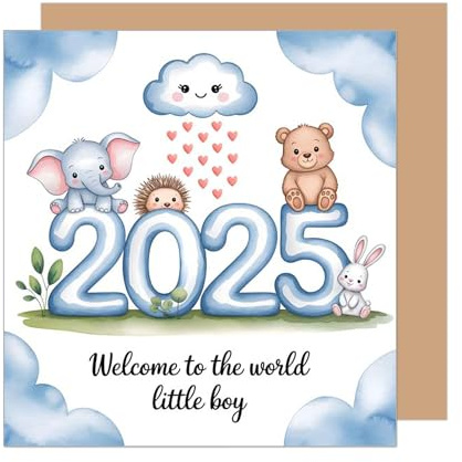 Edition Seidel Premium Square Birth Greeting Card with Envelope Greeting Card Baby Card Welcome Baby Child Boy Animals Blue (EQ138 SW025)