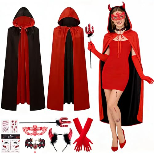 SelfTek Karneval djävulsdräkt dam – 9 stycken karnevalsdräkt dam sexig med cape, handskar, hårband, gaffel, halsband, mask, klistermärken, djävulsdräkt för karneval, fest, halloween