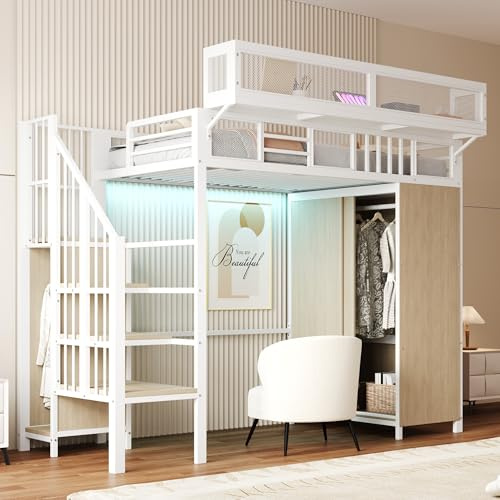 Lcoho Cama alta de metal 90 × 200 cm con armario, escalera de seguridad, iluminación LED y rejas de protección de malla con estantes extraíbles (blanco)