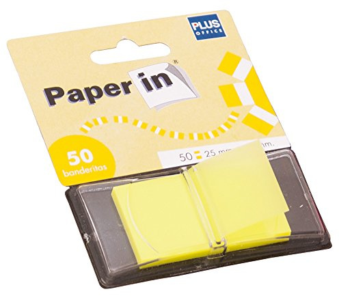 Plus Office – Banderitas Adhesivas con Dispensador, 50 Marcadores Adhesivos Transparentes de 25x45mm, Índices Autoadhesivos Reutilizables para Libros, Separadores Adhesivos para Escribir (Amarillo)