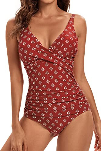 VILOREE Damen Monokini Bauchweg Schlankheits Badeanzug Plus Size Badebekleidung Bauchweg für Mollige Rot mit blätter Druck XL