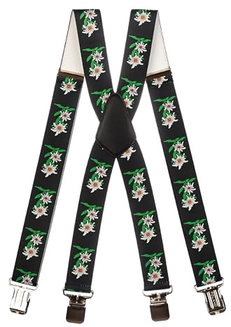 Olata Heavy Duty Herren/Damen-Hosenträger X-Form mit Edelweiß Muster – 2,5 cm. Schwarz