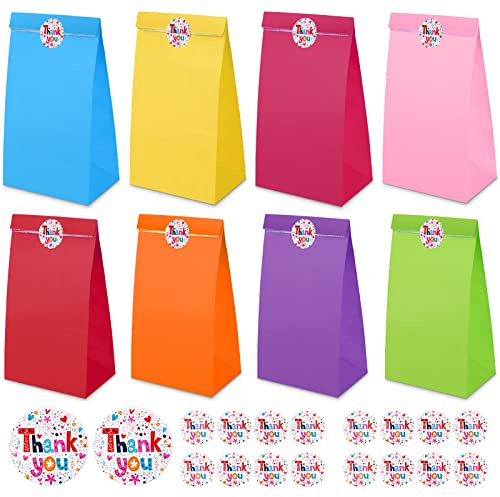Party Bags,Sumwitum 20PCS Gift bags for kids party(130X 80 X 240mm),8 Colors Flat Bottom Kraft Paper Bag with 24 (thank you) Stickers Suitable for Christmas Halloween Birthday Wedding Party(Rainbow)