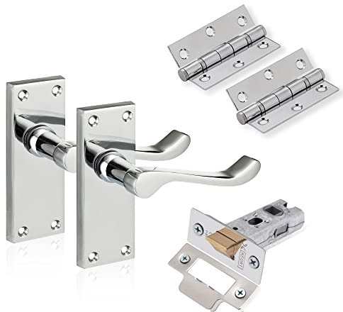XFORT Chrome Elegance Range Polished Chrome 4 Victoran Scroll Lever Latch Door Pack, Complete Set with Door Handles, 65mm Tubular Latch and 75mm Ball Bearing Hinges, for Internal Wooden Doors
