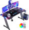 DLONGONE Gaming Desk with LED Lights, 120 x 60 cm Gaming Table Z Shaped, Gamer Desk with Carbon Fiber Coated, Gaming PC Desk with Headphone Hook and Cup Holder, Computer Desk Easy to Assemble, Black