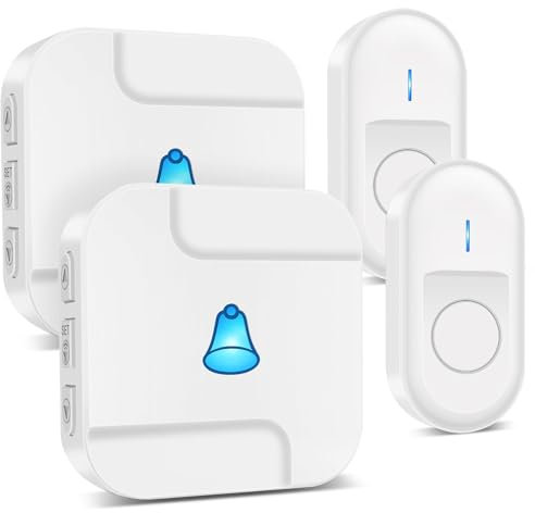 Airymium Sonnette sans fil : sonnette d'entrée sans fil avec 2 boutons de sonnette étanches et 2 récepteurs, étanche IP55, 55 sonneries, flashs LED – Blanc