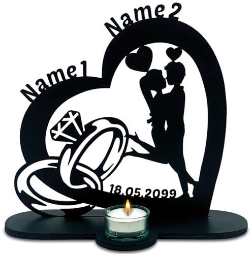 Teelichthalter Hochzeitsgeschenk Eheringe Liebesgeschenk personalisiert mit Namen und Datum Herz Individuelles Geschenk zur Hochzeit oder zum Jahrestag 7 Farben Tischdeko - Geldgeschenk