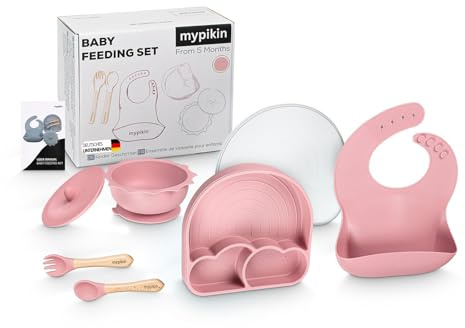 mypikin Dark Pink Kindergeschirr Set BPA Frei, 5 Stücke Silikon Saugnapf, Rutschfester Babygeschirr mit Lätzchen, Gabel, Löffel, Kinderteller und Schüssel mit Deckeln