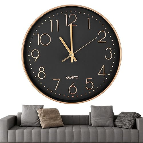 Chedin Horloge murale ronde, 30 cm, sans bruit de tic-tac, moderne, à quartz, sans bruit de tic-tac, grande horloge murale pour enfant, silencieuse (doré/noir)