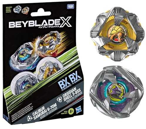 Hasbro Beyblade X, Calibur Samurai 6-70M BX e Obsidian Shell 3-85S BX, Set Dual Pack di Takara Tomy con 2 trottole con Rotazione a Destra, trottole da Battaglia Giocattolo, dagli 8 Anni in su